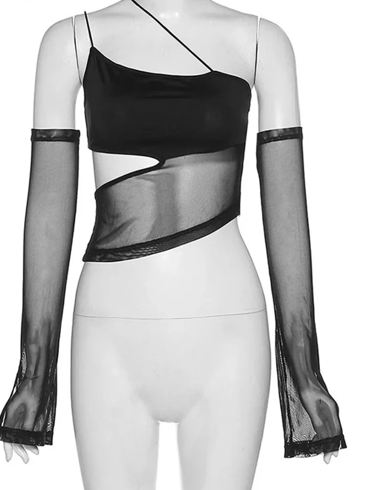 Asymmetrical Cut Out Mesh Crop Top with Sleeves Fairy Grunge  Clothes Transparent Camisole Tank Tops