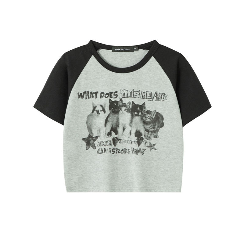 Cropped Cat Print Ringer T-Shirt - Grlfriend Club