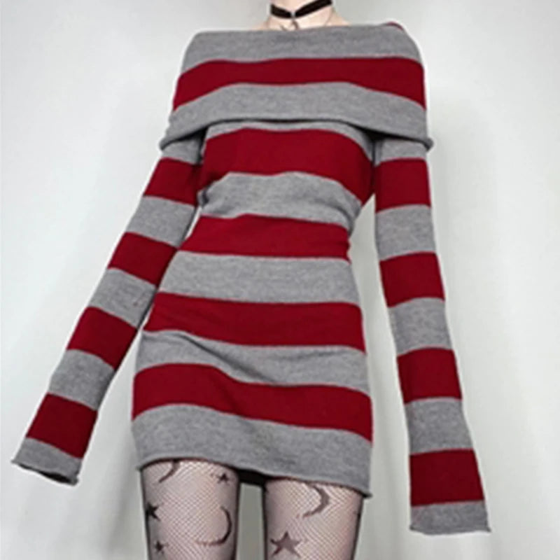 Y2K Striped Sweater Mini Dress Mall Goth Grunge Emo Bodycon Chic Women Off Shoulder Full Sleeve Slim Fit Dresses 00s Vintage