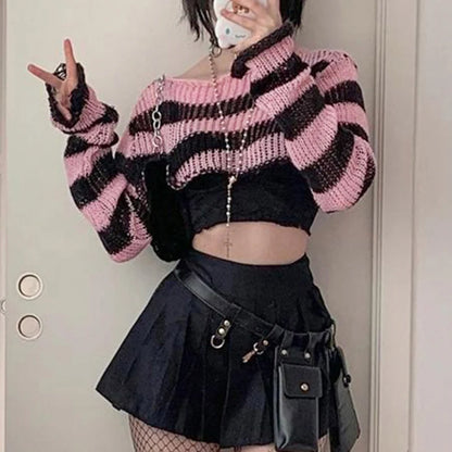 CIBBAR Vintage Y2k Cropped Sweater Smock Grunge 2000s Loose Full Sleeve Pink Striped Print Jumpers for Women Autumn Casual Chic