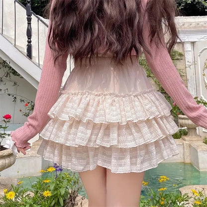 HOUZHOU Kawaii Cute Ruffle Skirt Women Pink Lolita High Waist Lace Patchwork Fairycore Mesh A-line Mini Skirt Summer Mori Girl