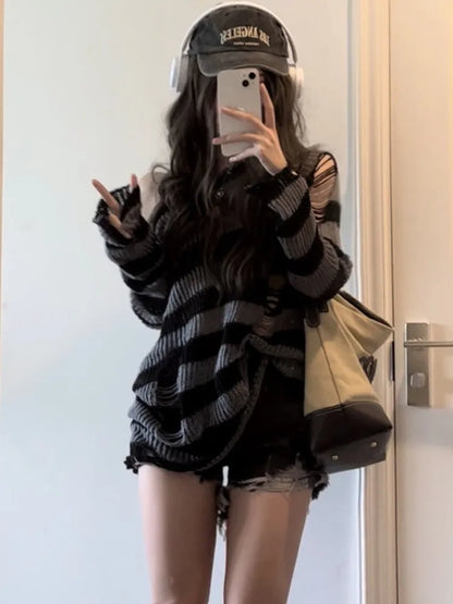 Deeptown Gothic Streetwear Striped Knitted Sweater Women Harajuku Punk Hollow Out Jumper Hole Loose All-match Tops Grunge E-girl