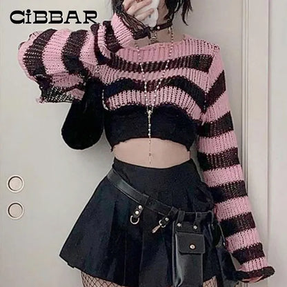 CIBBAR Vintage Y2k Cropped Sweater Smock Grunge 2000s Loose Full Sleeve Pink Striped Print Jumpers for Women Autumn Casual Chic