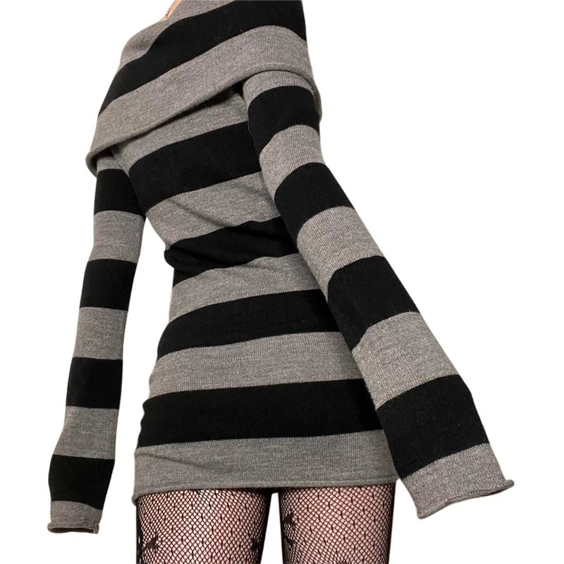 Y2K Striped Sweater Mini Dress Mall Goth Grunge Emo Bodycon Chic Women Off Shoulder Full Sleeve Slim Fit Dresses 00s Vintage