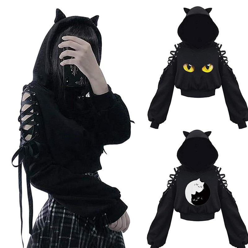 Cropped Cold Shoulder Cat Hoodie - Grlfriend Club