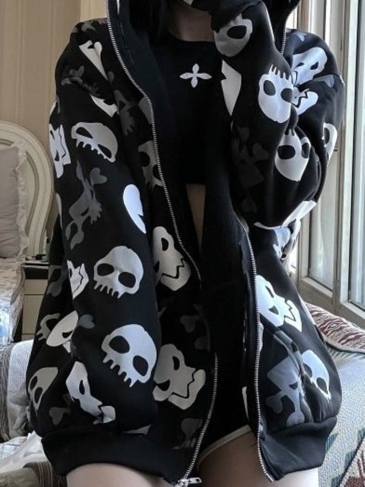 Cartoon Skulls Zip-Up Hoodie - Grlfriend Club