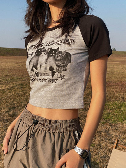 Cropped Cat Print Ringer T-Shirt - Grlfriend Club