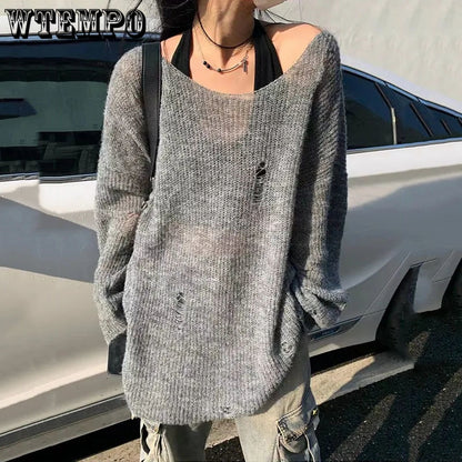 Ripped Grey Sweater - Grlfriend Club